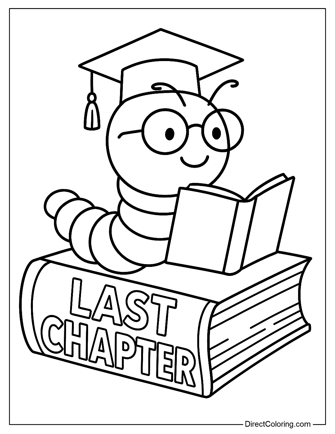 coloring page of a caterpillar reading a book wearing a graduation cap on the book “Last Chapter”.